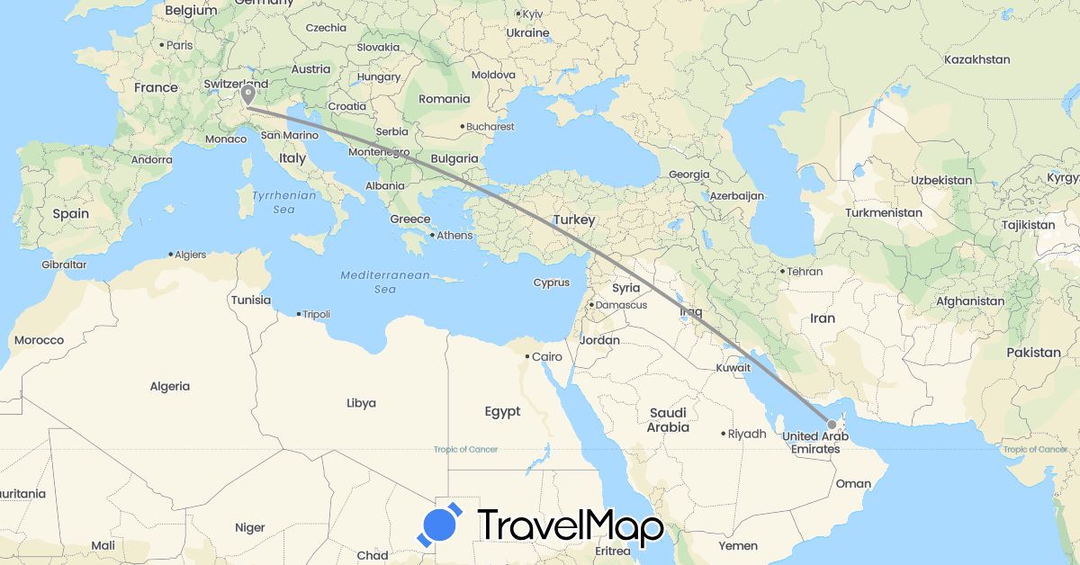 TravelMap itinerary: driving, plane in United Arab Emirates, Italy (Asia, Europe)